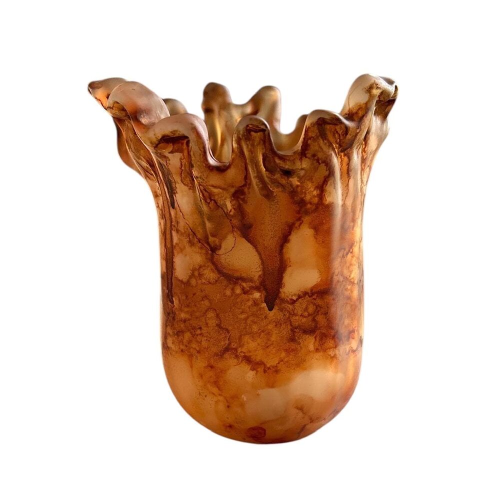 Hand Blown Rust and Orange Murano Style Art Glass Vase with Frosted Interior